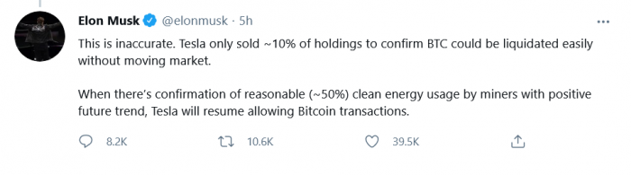马斯克：随着加密矿工使用更多清洁能源，特斯拉(TSLA.US)将再次接受比特币
