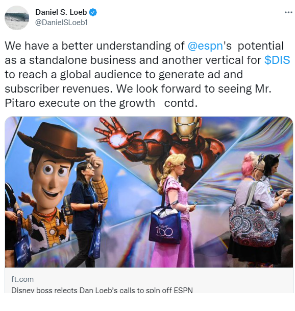 迪士尼(紐約證券交易所代碼:DIS)拒絕分拆 ESPN 的計劃 迪士尼(紐約證券交易所代碼:DIS)拒絕分拆 ESPN 的計劃